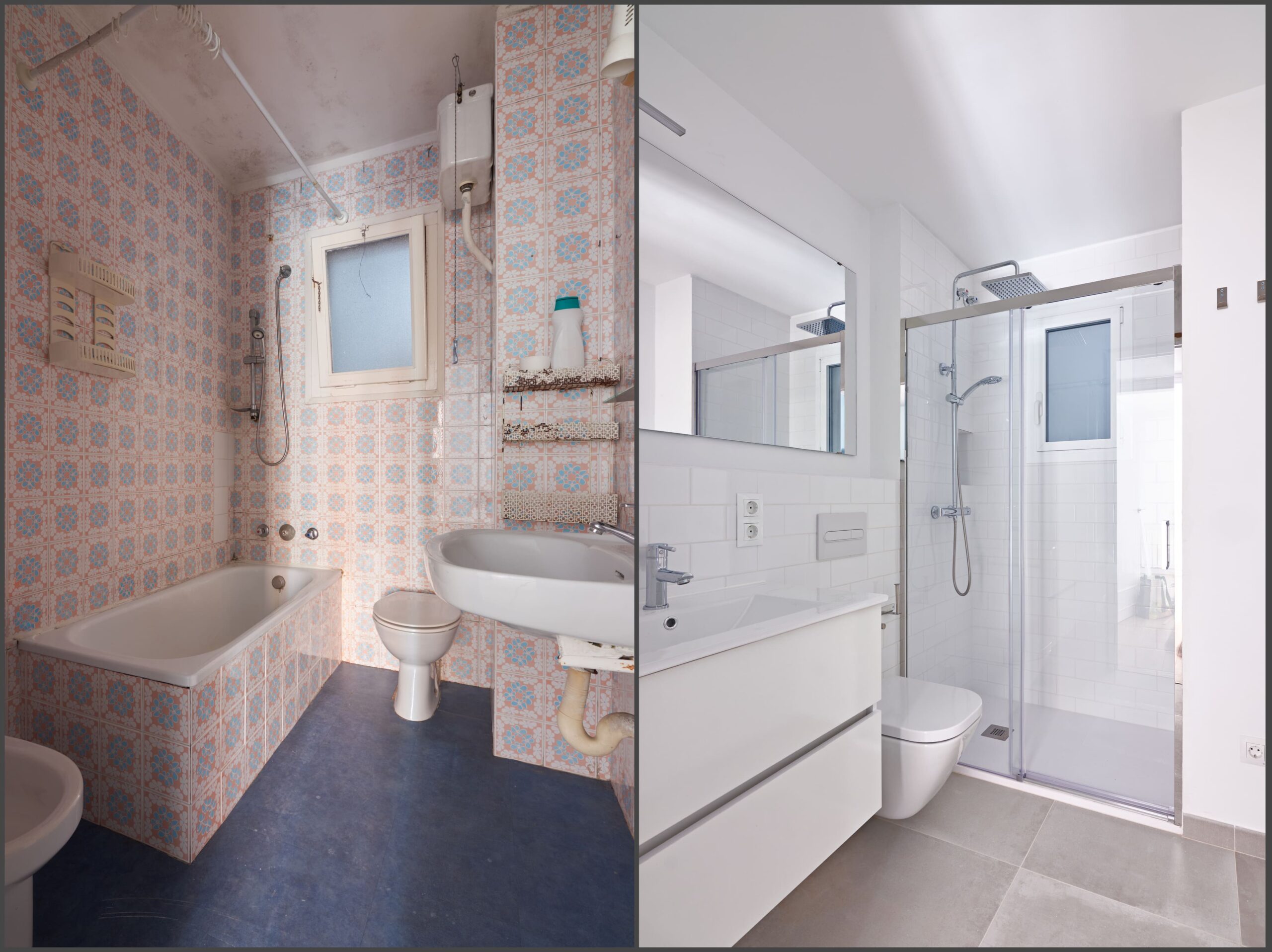 Salle de bain avant et après : baignoire remplacée par une douche à l'italienne