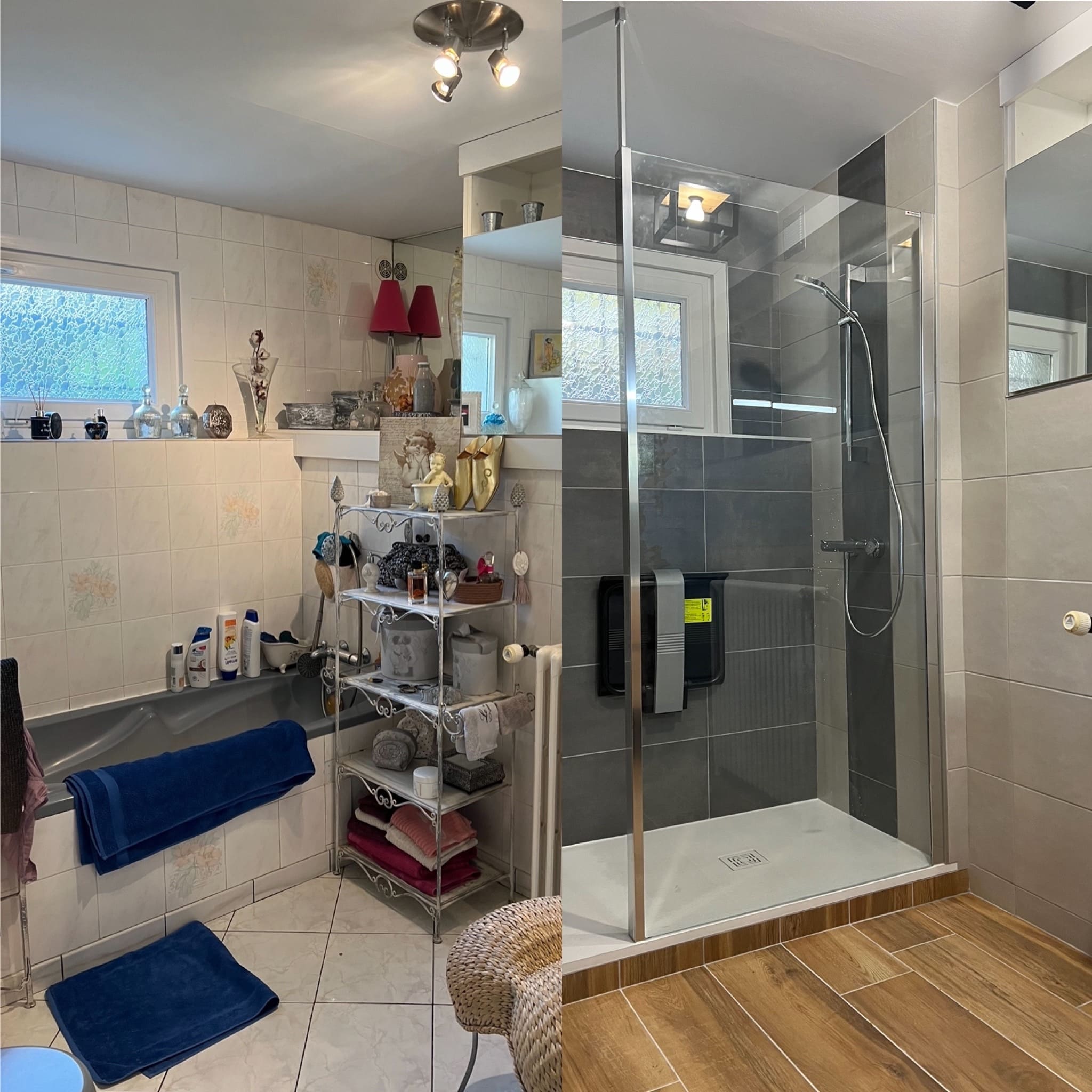 Salle de bain avant et après : douche de plain-pied à Saint-Just-Saint-Rambert
