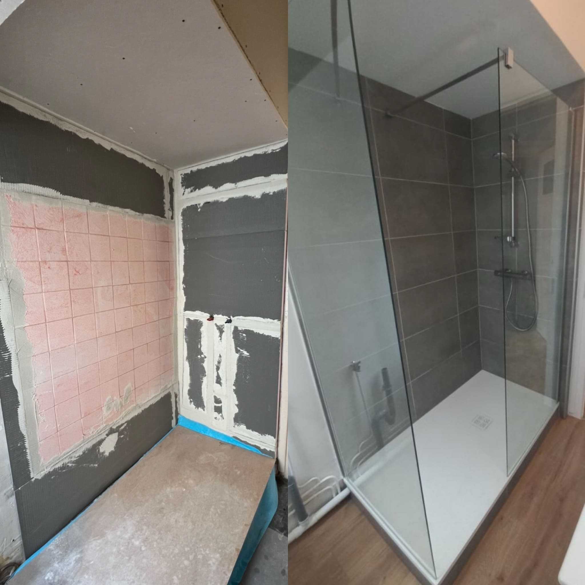Douche à l'italienne de plain-pied avec paroi fixe