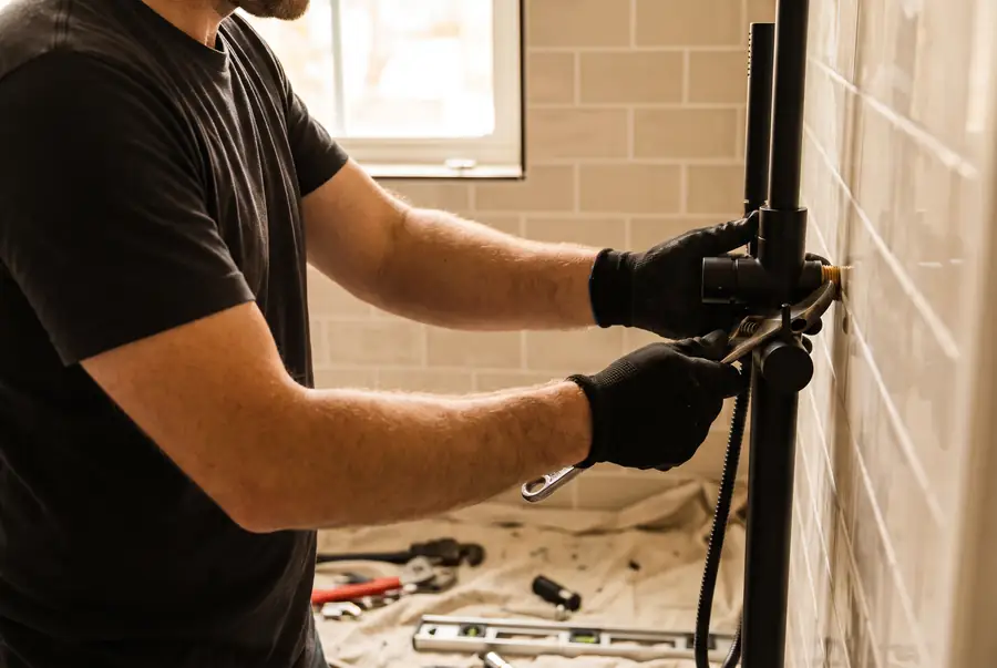 Artisan qualifié installant la robinetterie lors d’une rénovation de salle de bain