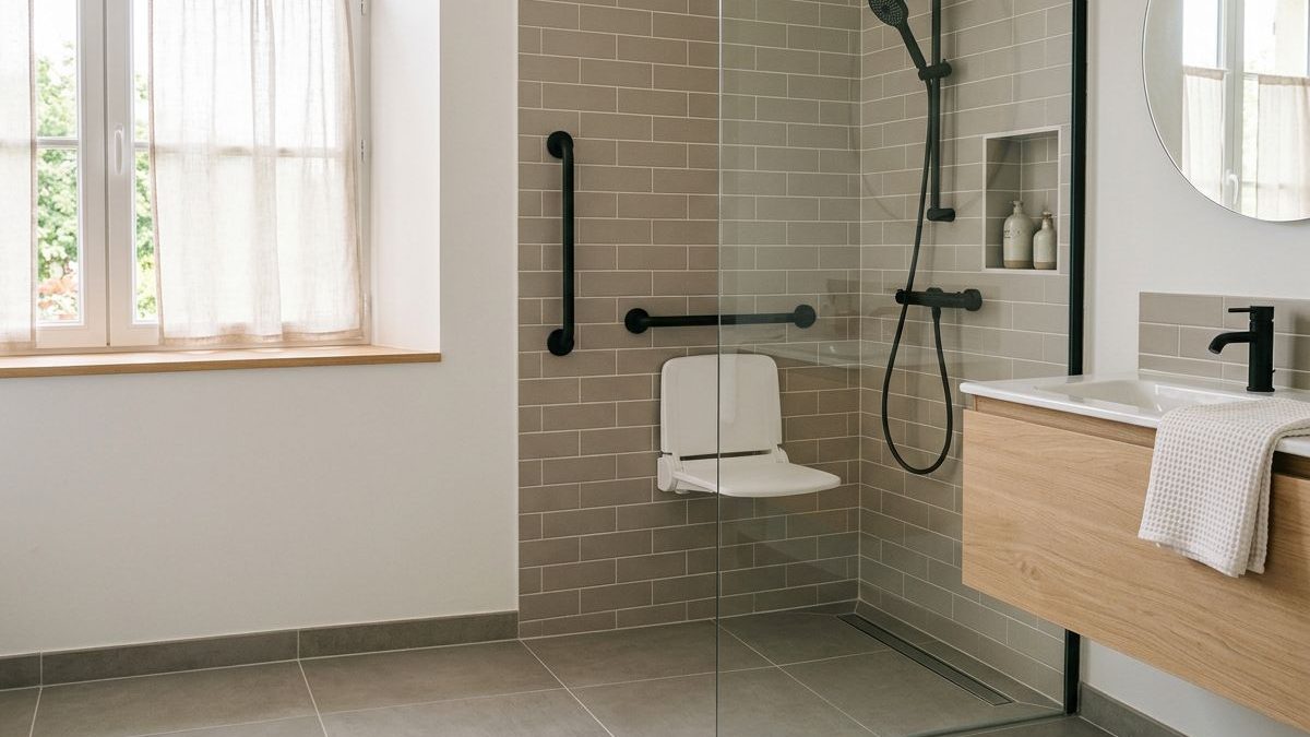 Douche accessible de plain-pied équipée de barres d’appui et d’un siège rabattable