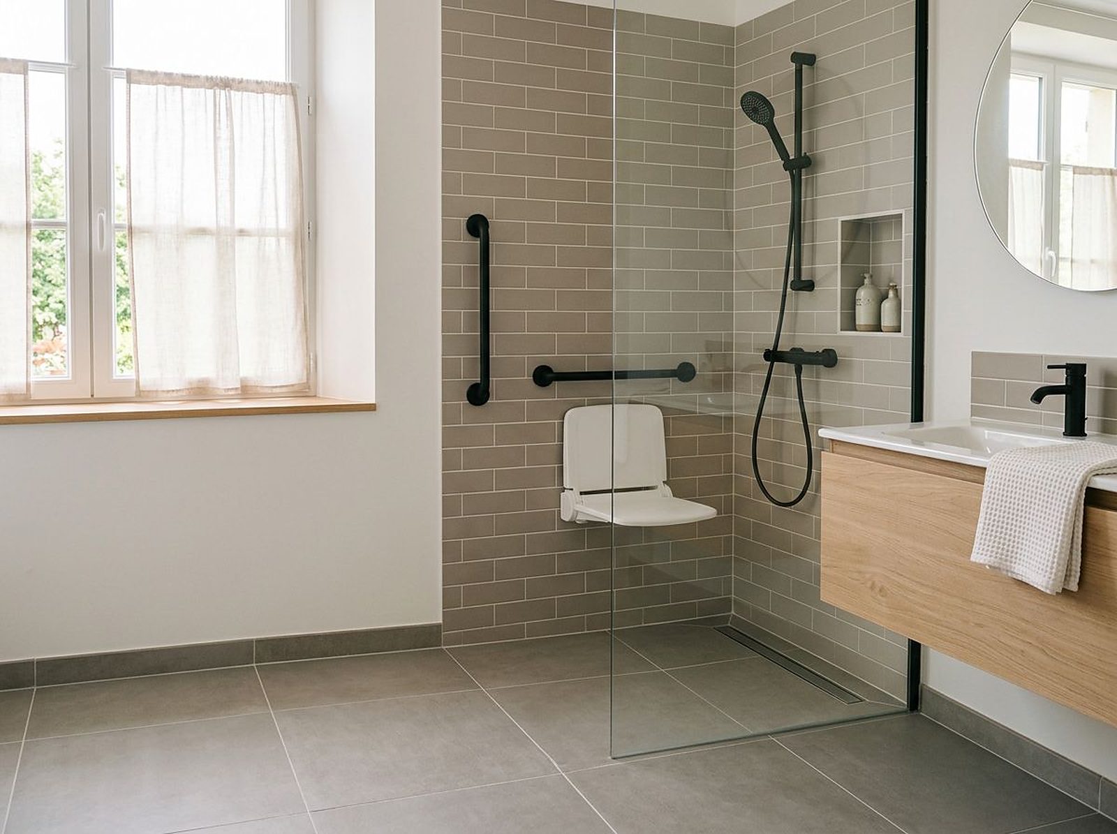 Douche accessible de plain-pied équipée de barres d’appui et d’un siège rabattable