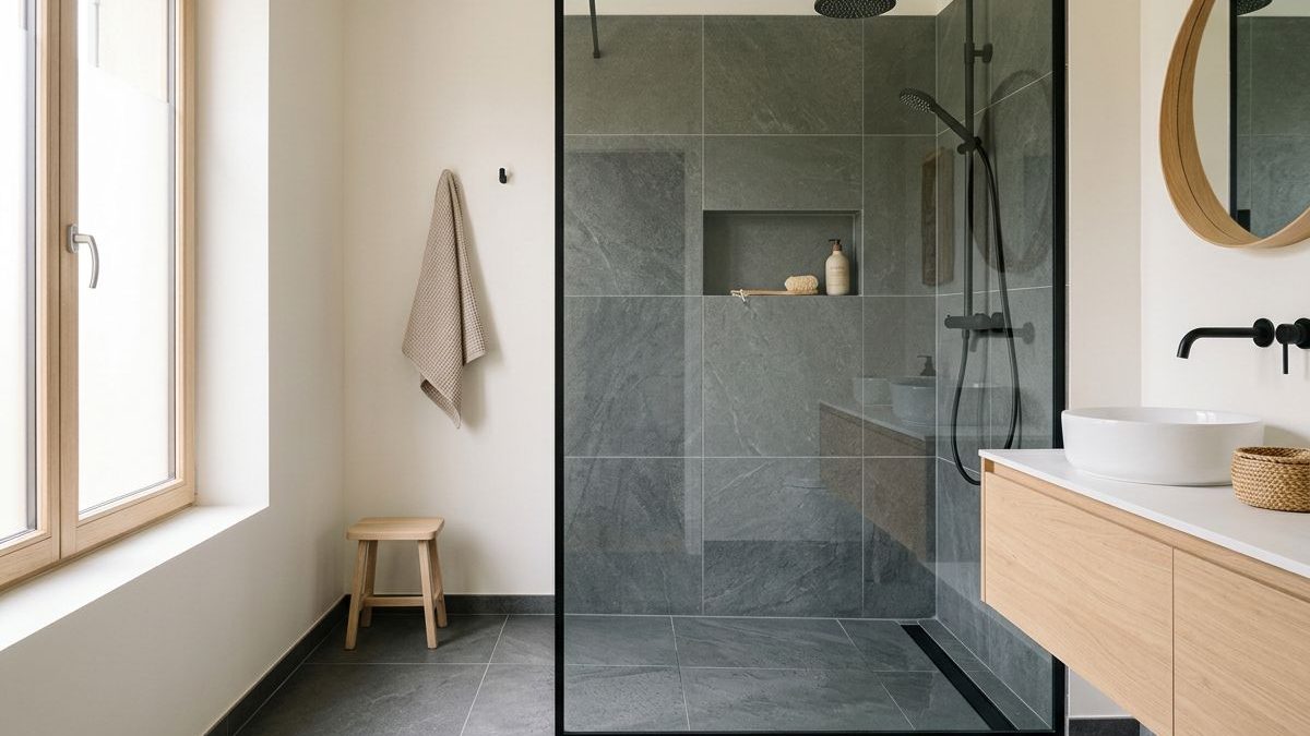 Douche à l’italienne de plain-pied, paroi vitrée et caniveau linéaire en carrelage grand format