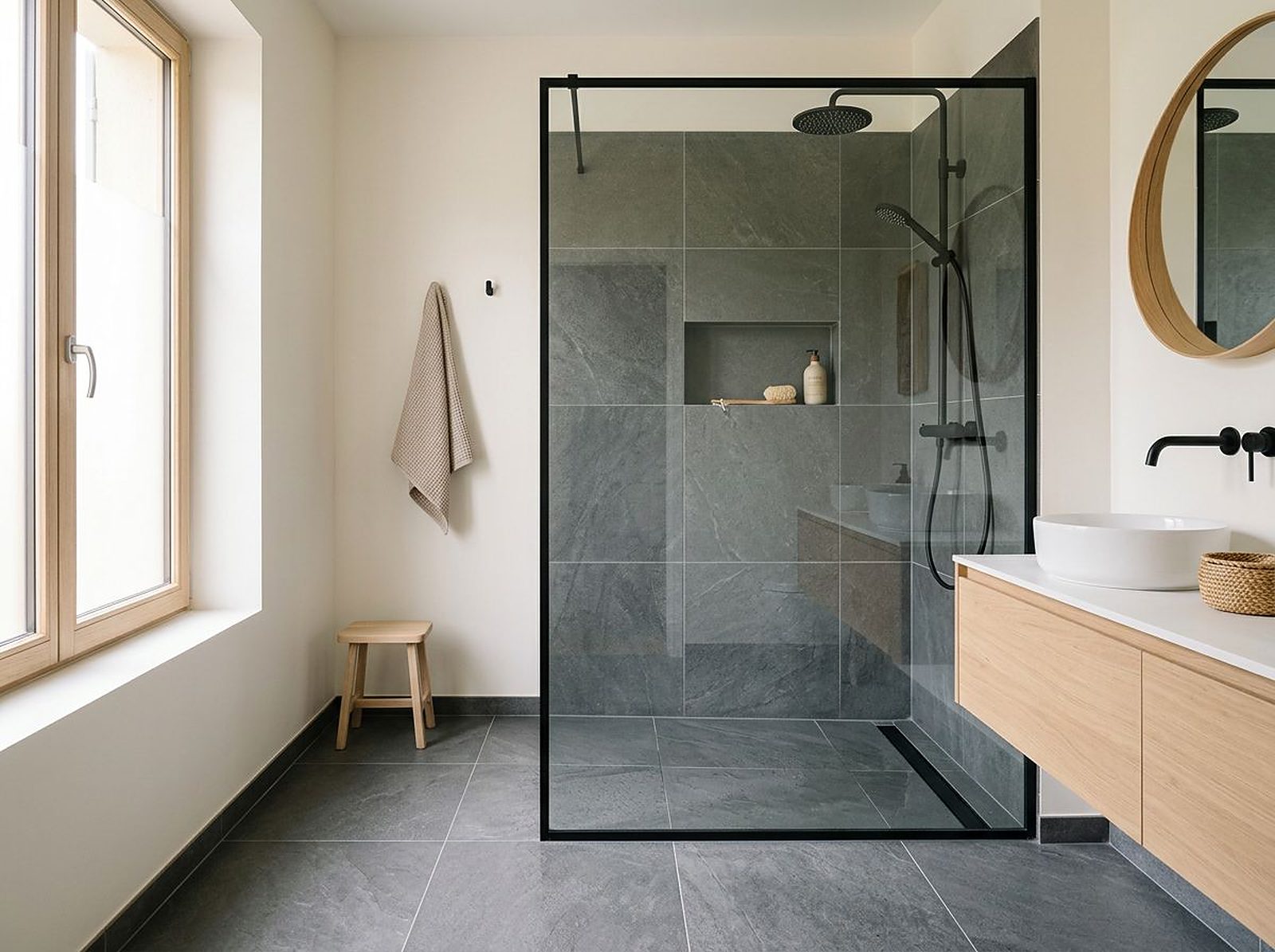 Douche à l’italienne de plain-pied, paroi vitrée et caniveau linéaire en carrelage grand format