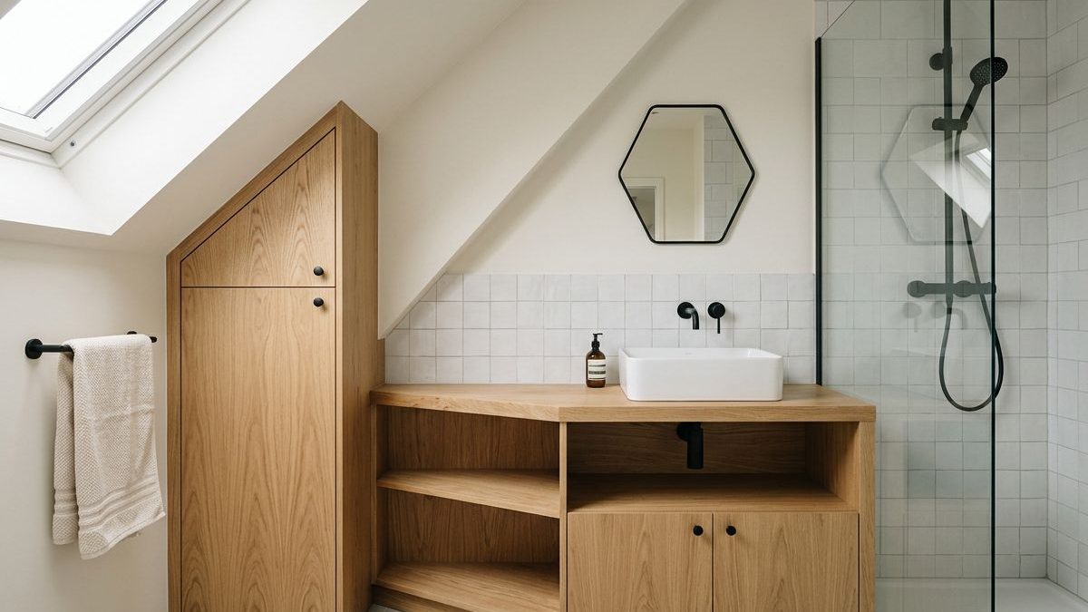 Meuble de salle de bain sur mesure en chêne ajusté sous une pente de toit