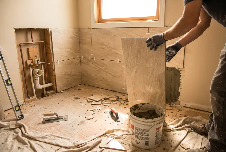Artisan posant du carrelage pendant une rénovation de salle de bain, illustration des postes de dépense