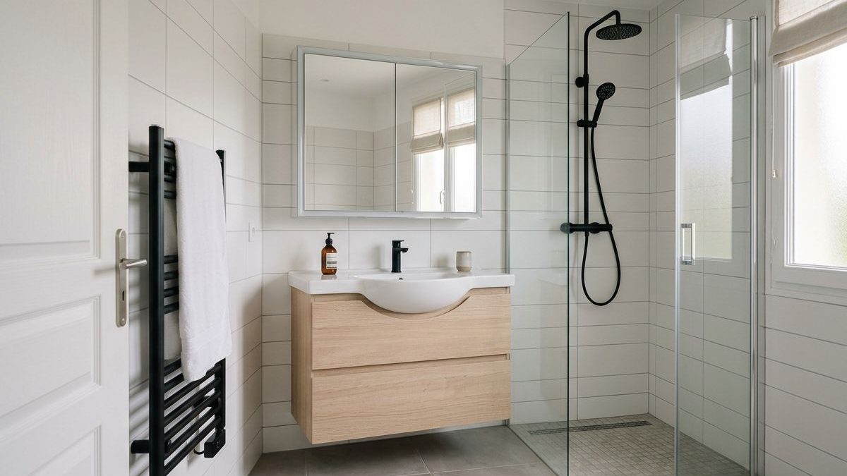 Salle de bain rénovée : douche de plain-pied, meuble vasque en chêne et carrelage neufs