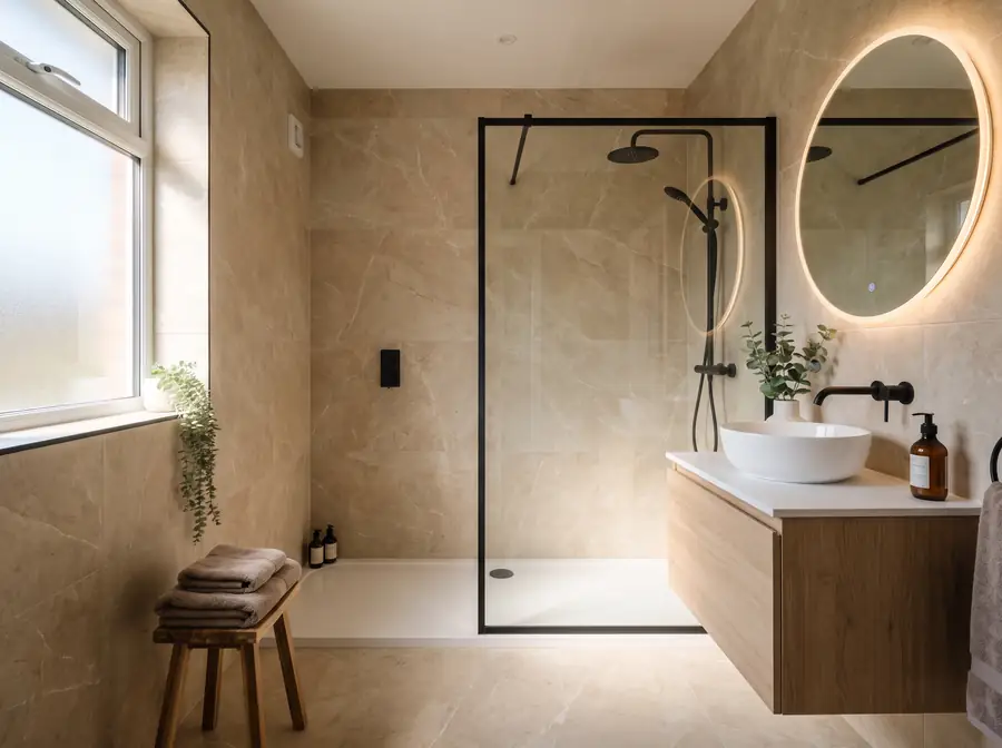 Salle de bain rénovée haut de gamme avec douche à l’italienne et meuble vasque suspendu